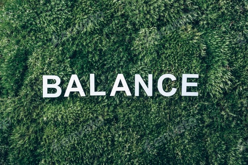 Preview: Word Balance on moss, green grass background. Top view. Copy space. Banner. Biophilia trend. Nature