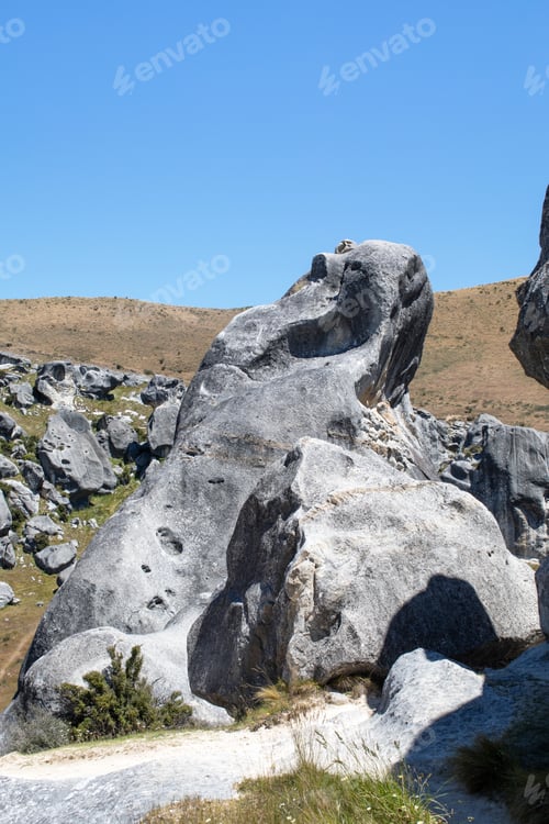 Preview: Large natural stones in Castle Hill Nature Park, New Zealand. Tourist spots. Travel.