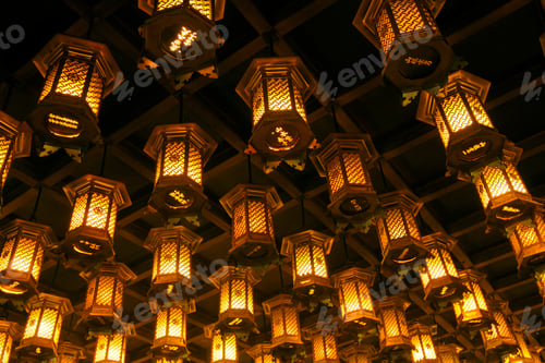 Preview: Thousands of lanterns hanging on the ceiling of Buddhist temple Shrine.