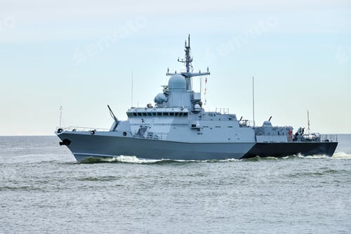 Preview: Russian warship armed with armament sails into sea toward military target to attack and destroy
