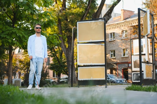 Visualização: Jovem bonito cego caminhando com bastão na cidade