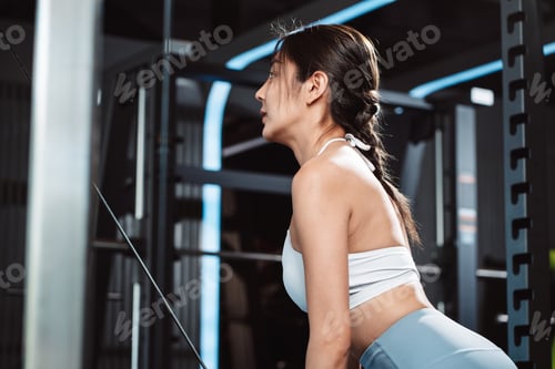 Preview: Women working out with weights training machine exercise lifting dumbbells at fitness gym.