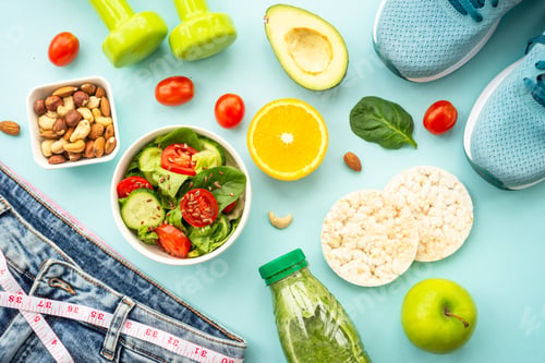 Vista previa: Diet food, healthy lifestyle and fitness background on blue.