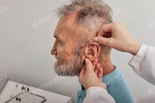 Preview: Installation hearing aid on senior man's ear at hearing clinic, close-up, side view