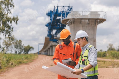Preview: Surveyor engineer worker making measuring with theodolite tool equipment at construction site.