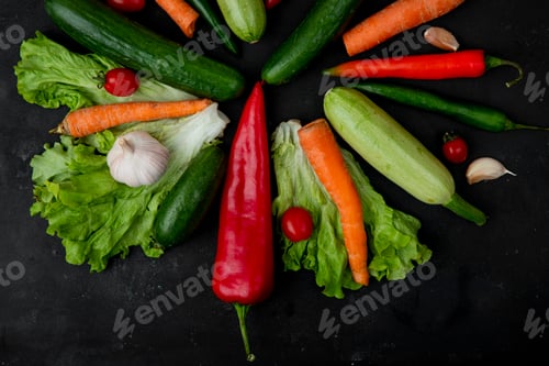 Preview: top view of vegetables as pepper, garlic, zucchini, carrot and others on black background