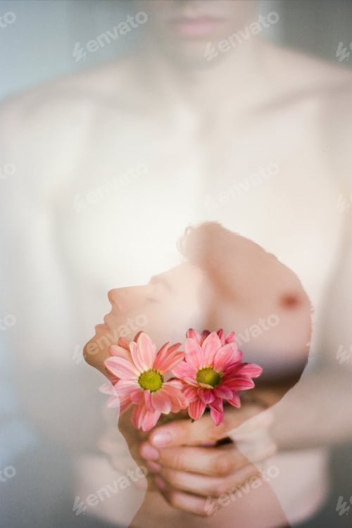 Preview: Double exposure of brunette young guy and bouquet of fresh rose blooms on blurred background