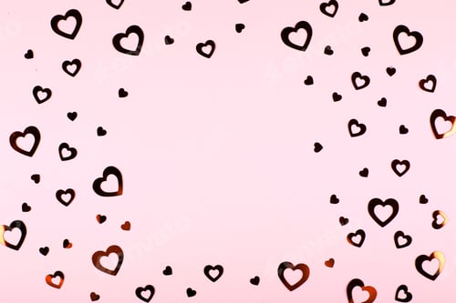 Preview: Valentine day background with frame. Confetti hearts. Concept of love, anniversary holiday. Flat lay