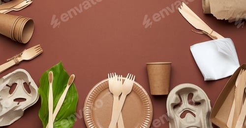 Preview: Set of disposable biodegradable tableware and hygiene products on a brown background