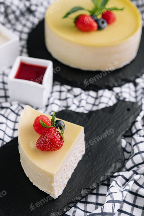 Preview: Fresh strawberry cheesecake on black tray