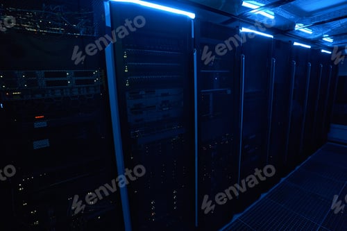Preview: Line of server cabinets maintaining network in data center