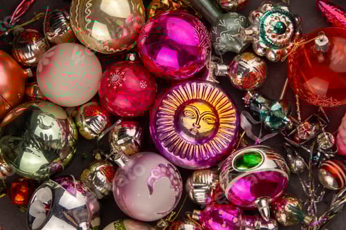 Preview: Christmas tree toy. Glass balls. New year ball background retro vintage. December mood.
