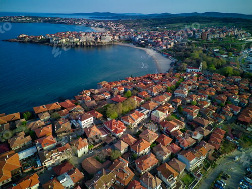 Preview: iew from a height of the city of Nessebar with houses and parks washed by the Black Sea in Bulgaria