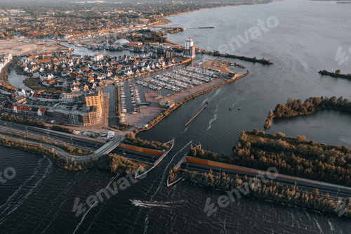 Preview: Aerial view of boat crossing aquaduct in Harderwijk, Veluwemeer The Netherlands