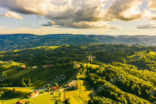 Preview: Aerial view of green hills and vineyards with mountains in background. Austria vineyards landscape