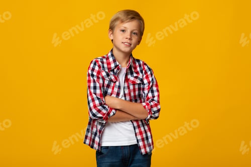 Preview: Confident calm european teenage boy in casual with crossed arms looking at camera