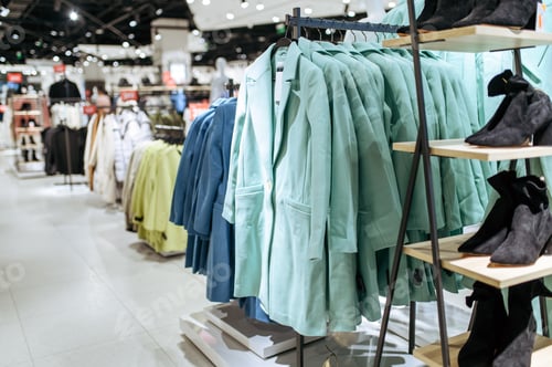 Preview: Clothes, coats on racks in clothing store, nobody