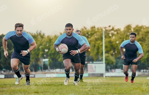 Preview: Rugby, team and men training, playing on grass field and exercise for healthy lifestyle, balance an