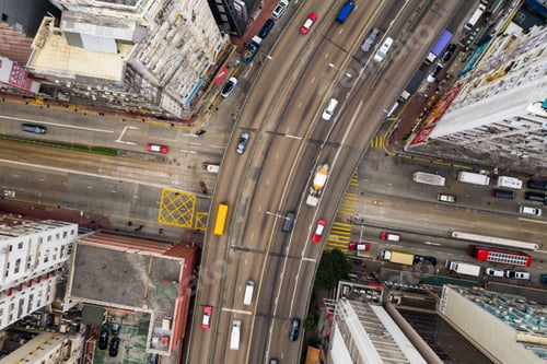 Preview: Causeway Bay, Hong Kong 11 January 2021: Top down view of traffic in Hong Kong city