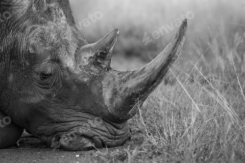 Preview: A white rhino, Ceratotherium simum, rests its head on the ground, covered in mud, in black and white
