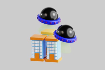 Visualização: OVNIs de desenhos animados sobre edifícios da cidade