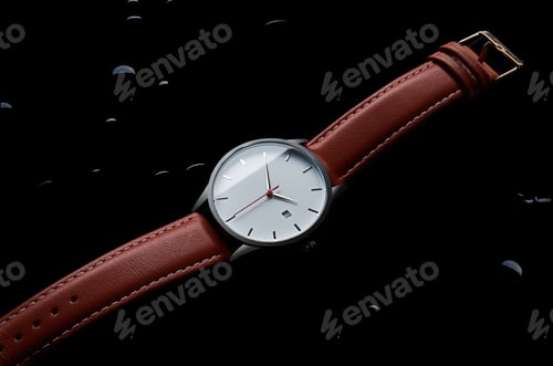 Preview: Close-up shot of a classic-style wristwatch with a brown leather band, on a wet and dark surface.