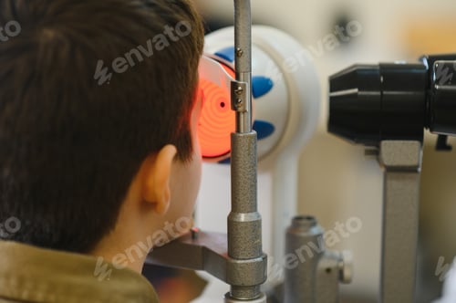 Preview: Boy undergoing vision diagnostics with ophthalmologist in clinic
