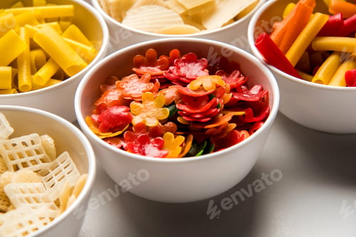 Colorful Bowls of Uncooked Pasta Ready for Cooking