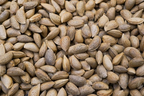 Preview: Texture of raw unshelled almonds, top view. Almond nuts background