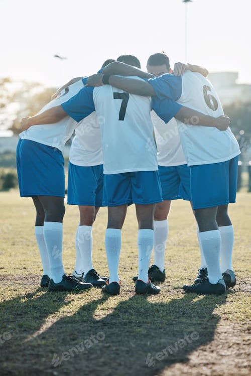 Preview: Soccer, support or team in a huddle for motivation, goals or group mission on a field for a sports