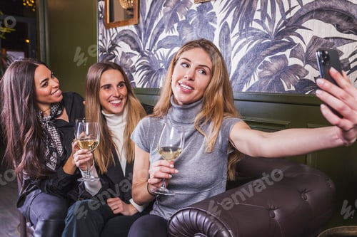 Preview: Happy female friends taking selfie in restaurant