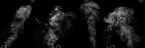 Preview: set of 4 different steam smoke gas isolated on black background. Swirling, writhing smoke to overlay