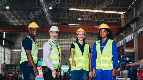 Preview: Team engineers and foreman stack hand and shake hands to show success at factory machines.