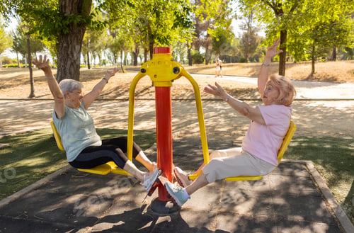 Preview: Senior women exercising in outdoor park gym