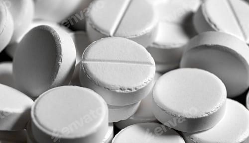 Preview: Closeup of white painkiller tablet on a reflective black background