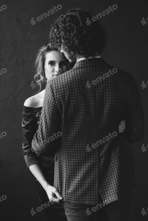 Preview: Young romantic couple of lovers, black and white portrait