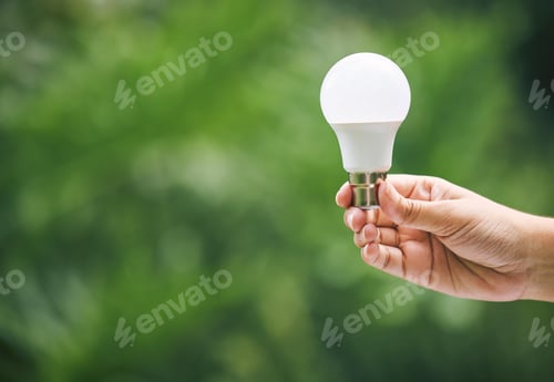 Preview: Closeup of a hand holding a light bulb in nature. New ideas for sustainable energy option. Green en