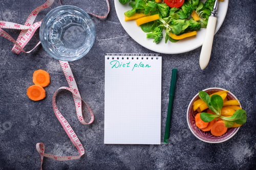 Preview: Healthy salad, clean water and measuring tape.