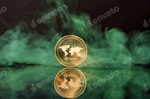 Preview: Standing golden ripple coin with smoke on reflective surface