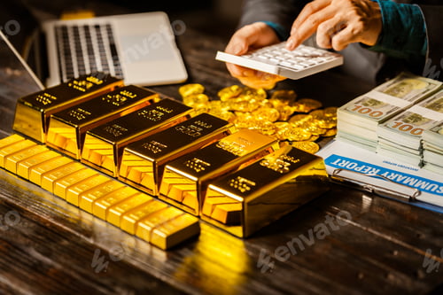 Preview: A businessman sits at his desk in a nighttime office, using a laptop to analyze gold bar prices