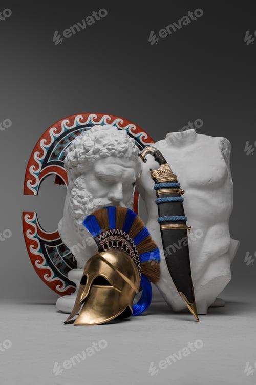 Preview: Greek plumed helmet and dagger with marble sculpture