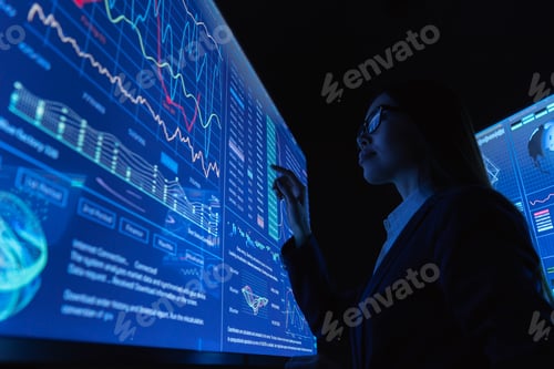 Preview: The business lady works with blue monitor.