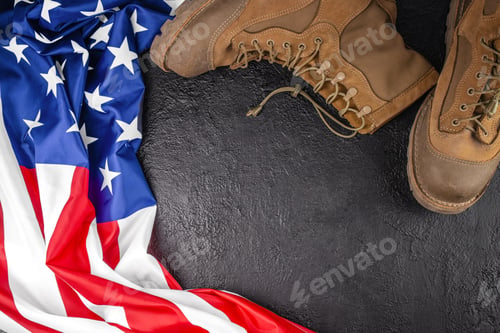 Preview: American military boots with USA flag on dark background with copy space