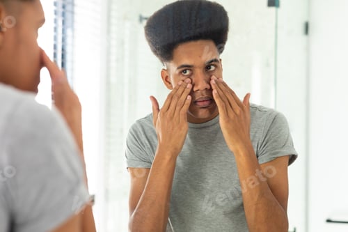 Preview: Biracial man looking in mirror inspecting face and eyes in sunny bathroom