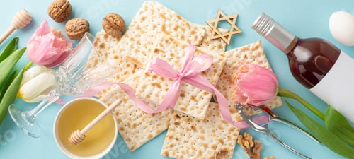 Preview: Festive Passover table setting, featuring top view of matza tied with a ribbon, red wine, walnuts