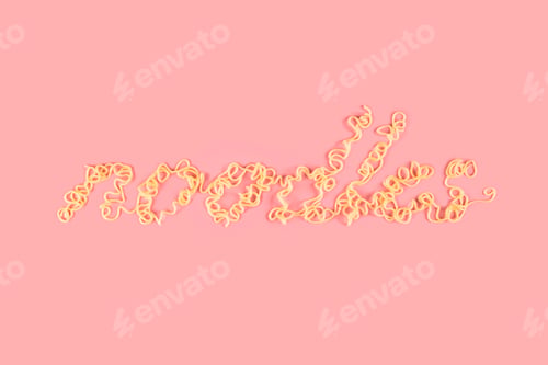 Preview: Word noodles written of curly noodles on pink background.
