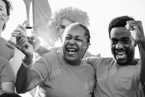 Preview: African sport football fans celebrate red team victory in game at stadium