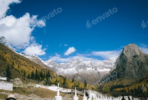 Preview: Siguniang mountain or Four sister mountain with snow cap on top and colourful autumn in China