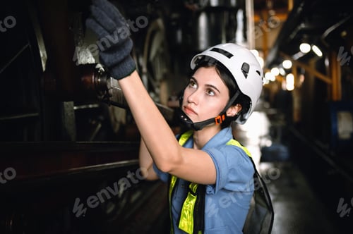 Preview: Young female worker checks heavy machinery with focus