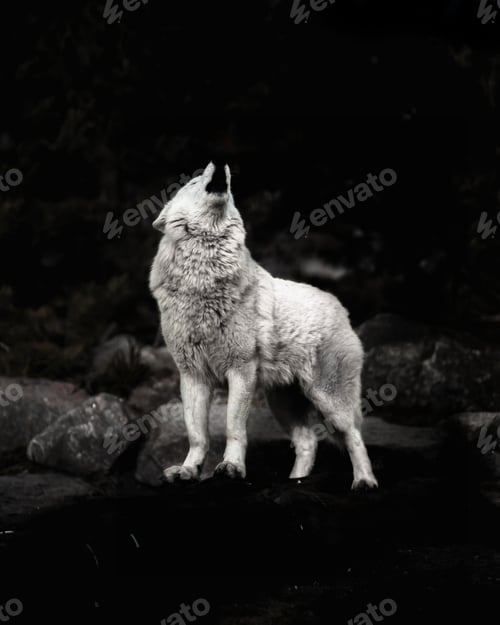 Preview: Beautiful Arctic wolf (Canis lupus arctos) standing on rocks and howling in the dark forest